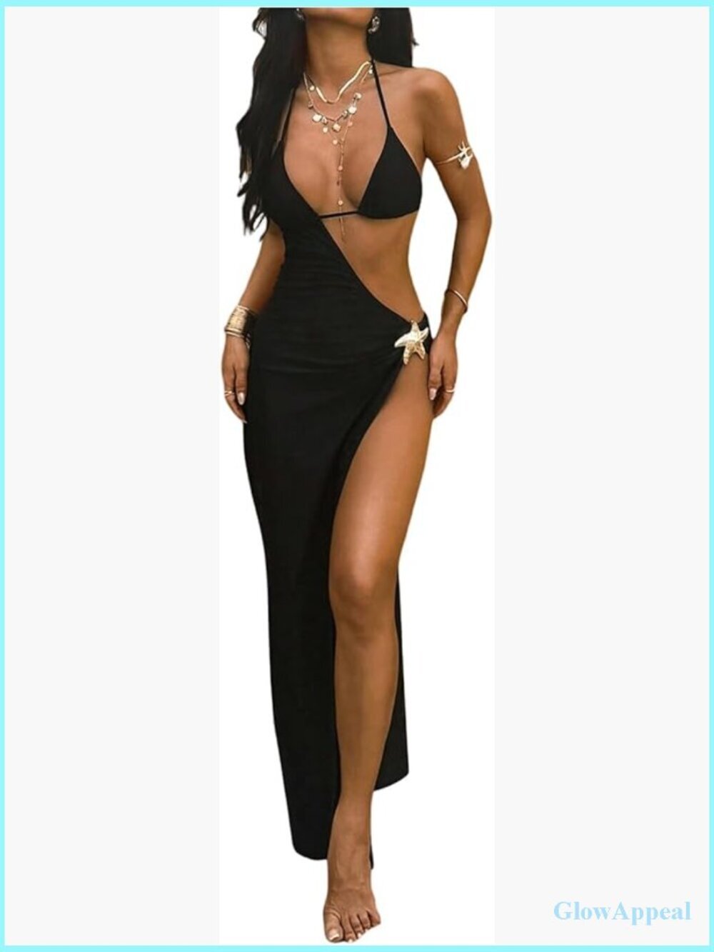 3 Piece Bikini Set with Maxi Cover Up Dress Triangle Halter Thong